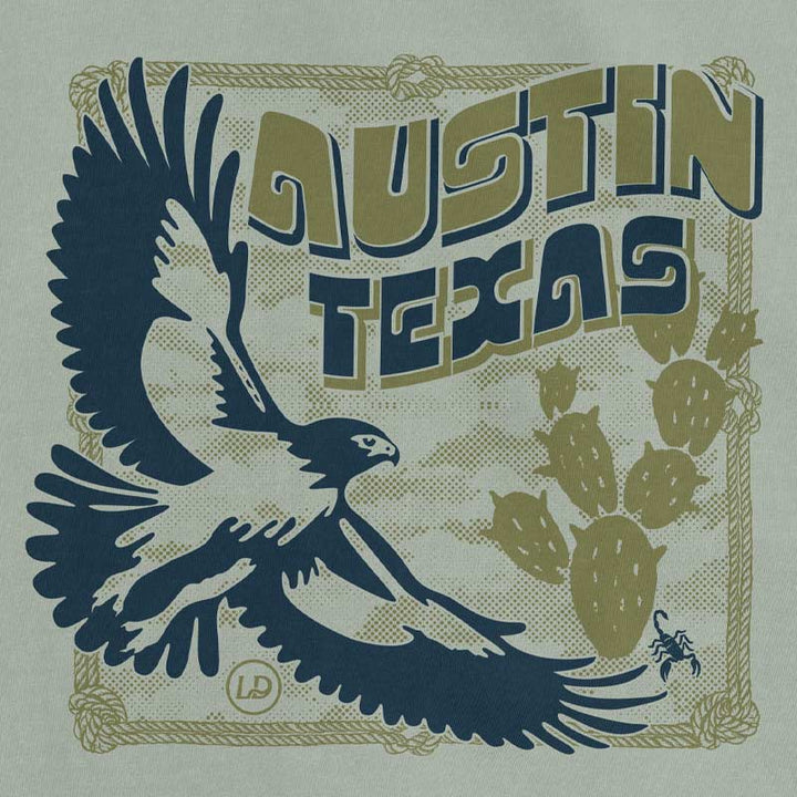 Close-up of hawk illustration with rope border and vintage style lettering