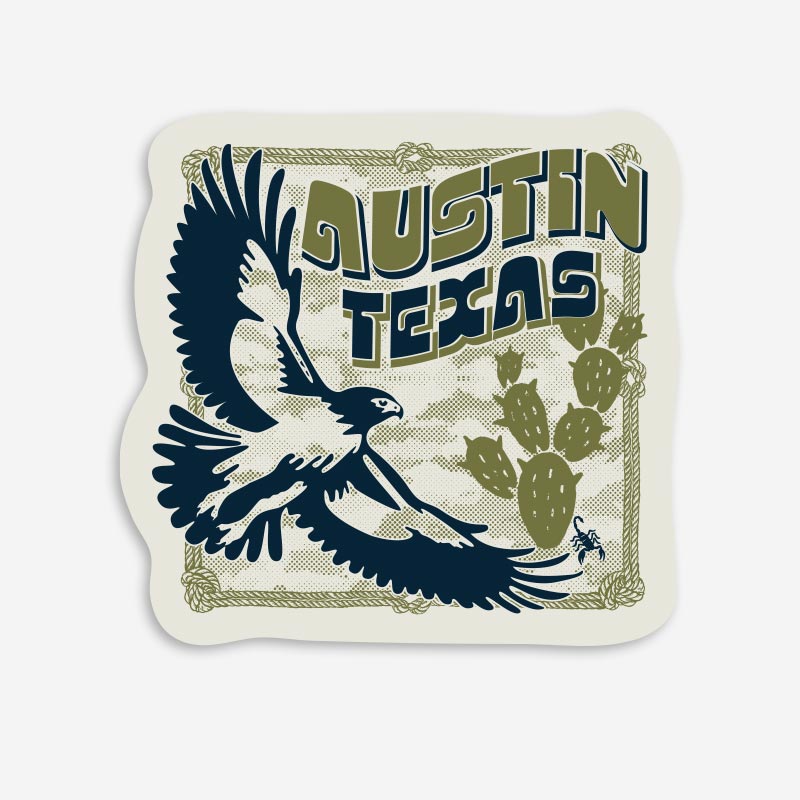 Hawk & Thorn vinyl sticker featuring rugged Texas-inspired artwork with a soaring hawk and thorn details, printed on durable weather-resistant vinyl by Gusto Graphic Tees.