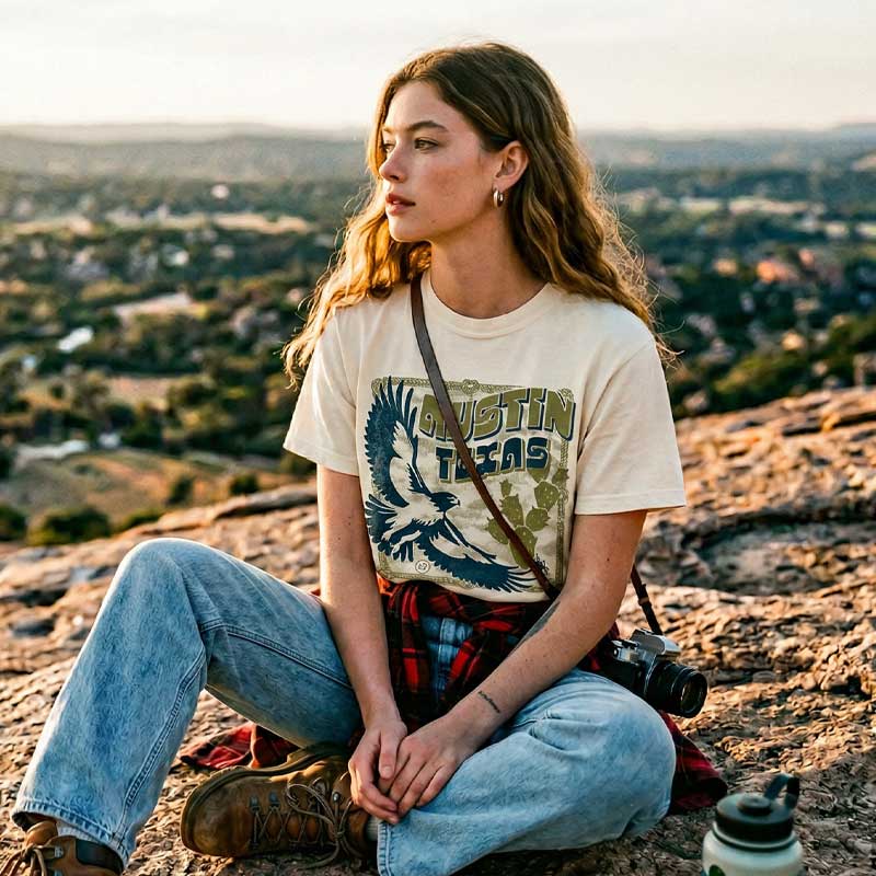 Woman wearing Hawk & Thorn boxy t-shirt with flying hawk and cactus graphic