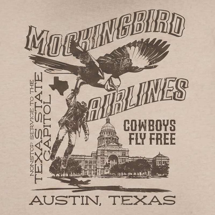 Close-up of Mockingbird Express Austin Texas back graphic featuring a mockingbird and the Texas Capitol