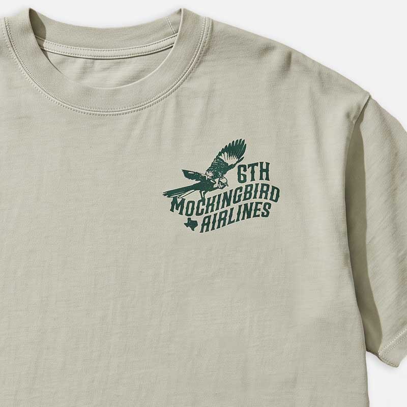 Model wearing Mockingbird Airlines Georgetown Texas oversized heavyweight T-shirt in Sage