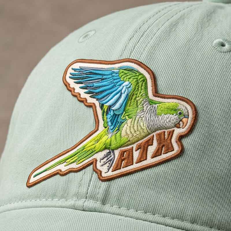 Close-up of Quaker Parrot ATX Hat patch detail and sunwashed cotton fabric texture