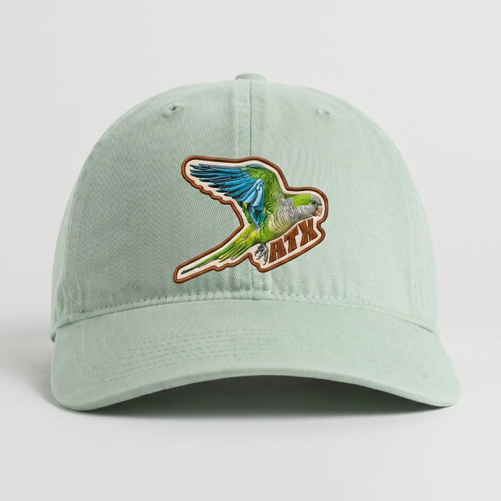 Quaker Parrot ATX Hat with UV printed parrot patch on vintage sunwashed cotton cap
