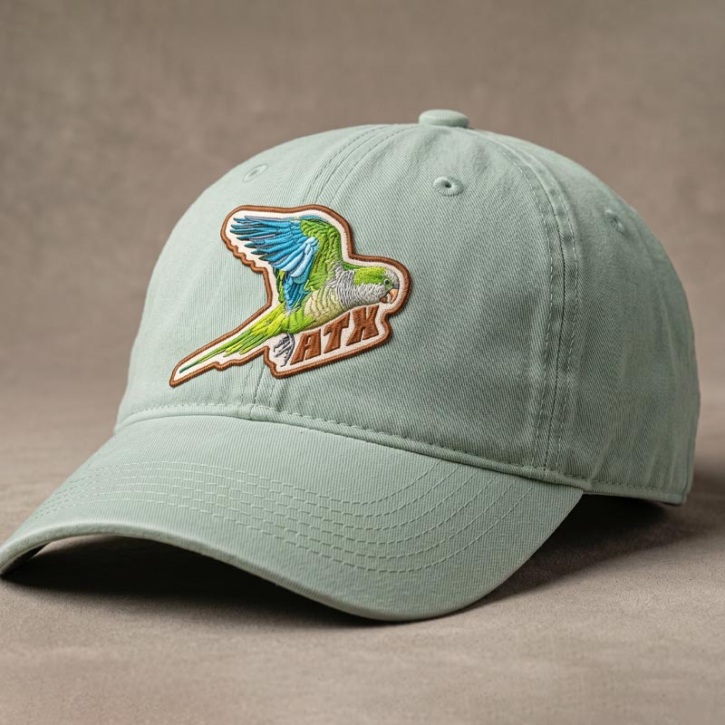Quaker Parrot ATX Hat with UV printed parrot patch on vintage sunwashed cotton cap
