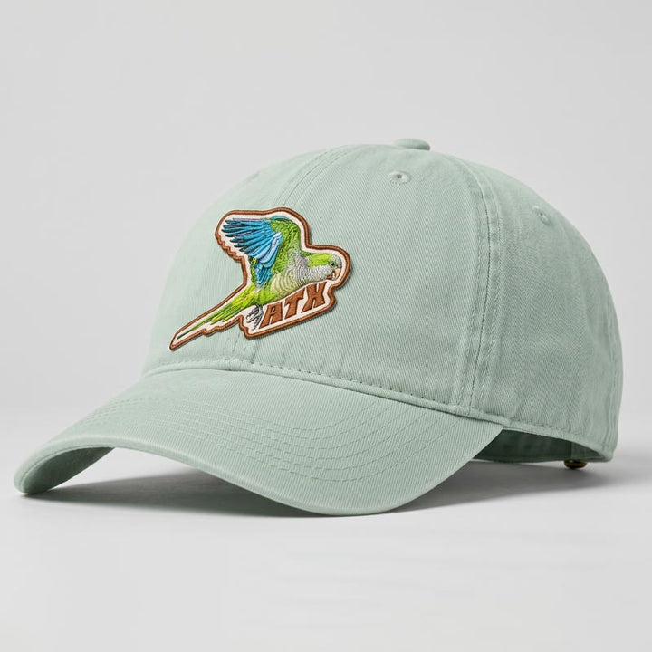 Quaker Parrot ATX Hat with UV printed parrot patch on vintage sunwashed cotton cap
