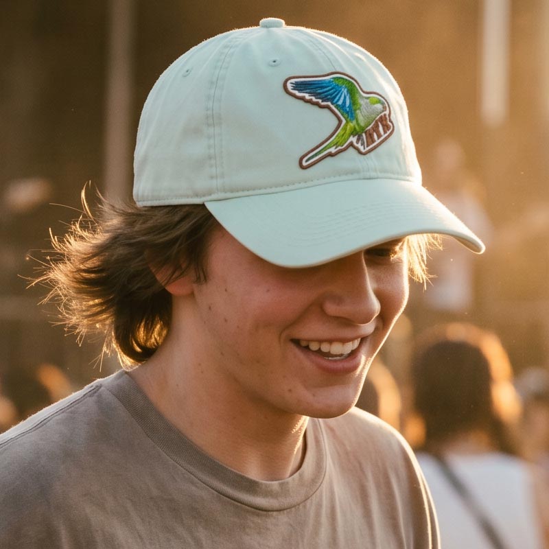 Person wearing Quaker Parrot ATX Hat outdoors in Austin Texas
