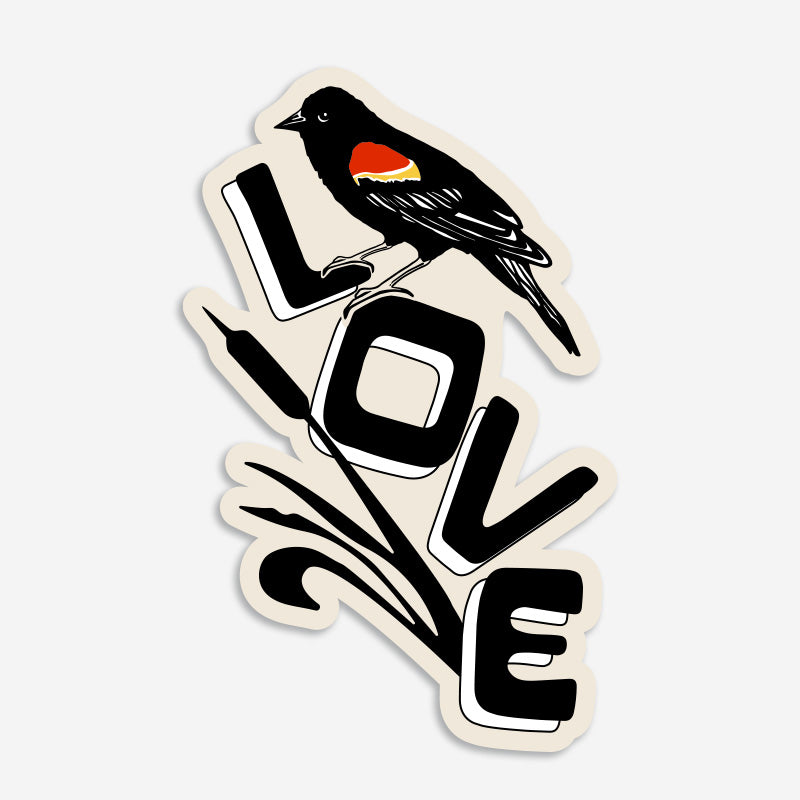 A die-cut sticker featuring a red winged black bird perched on bold black letters spelling LOVE, shown on a light gray background.