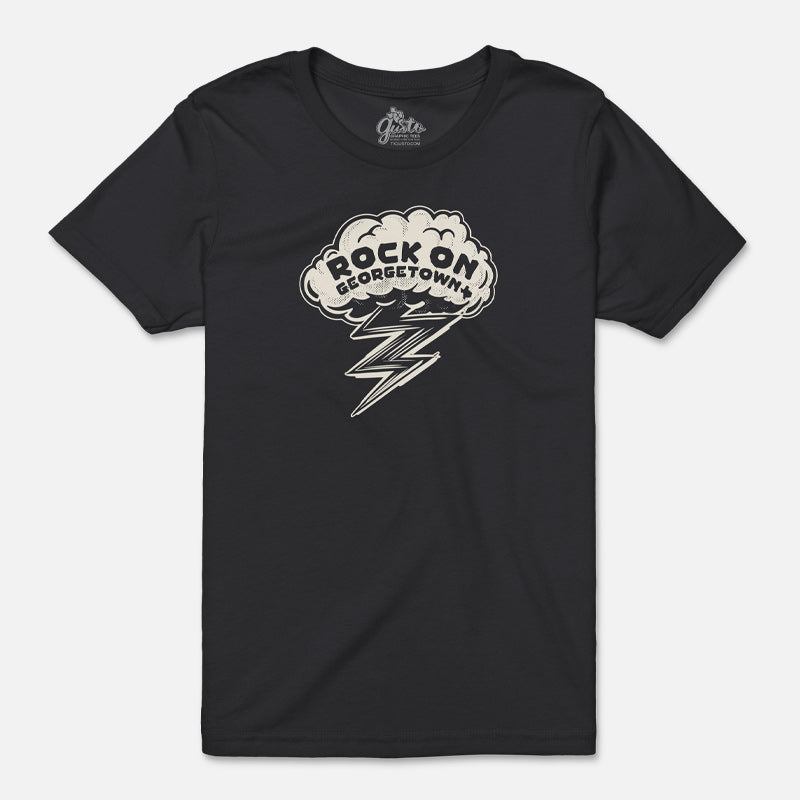 Rock On Georgetown youth t-shirt in dark grey featuring a vintage-style lightning bolt graphic with “Rock On Georgetown” design printed on a Bella+Canvas youth tee.