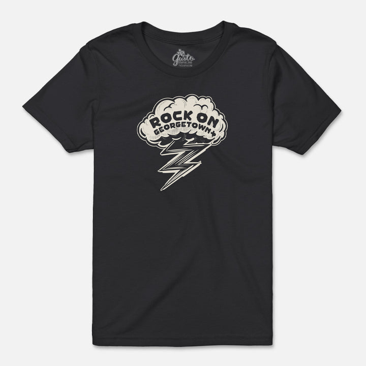 Rock On Georgetown youth t-shirt in dark grey featuring a vintage-style lightning bolt graphic with “Rock On Georgetown” design printed on a Bella+Canvas youth tee.