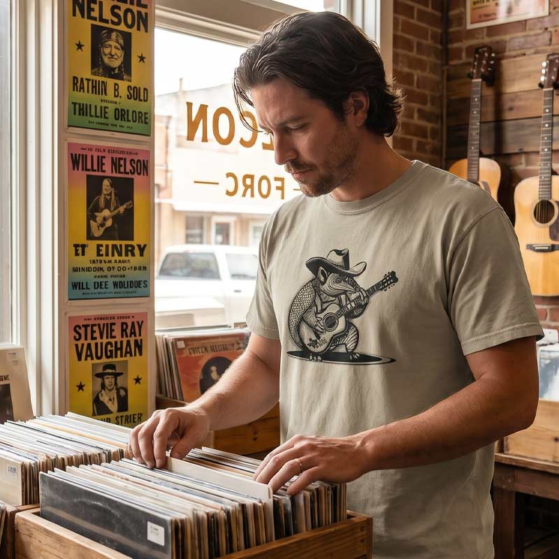 Man browsing vinyl records while wearing Rockin Armadillo sandstone Comfort Colors tee in a Texas music shop