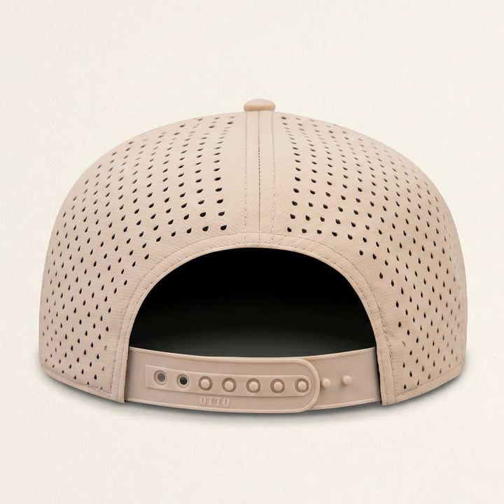 Back view of the Lost Draw Provisions Lost Hawk khaki Otto snapback hat featuring an adjustable snap closure, perforated side panels, and structured 5-panel construction in a neutral khaki color.
