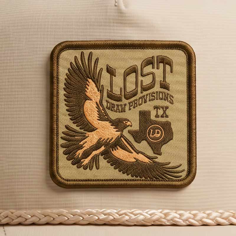 Details of Lost Draw Provisions Lost Hawk khaki rope snapback hat featuring a detailed embroidered-style hawk patch on the front. Structured Otto 5-panel design with braided rope detail across the brim and adjustable snapback fit.