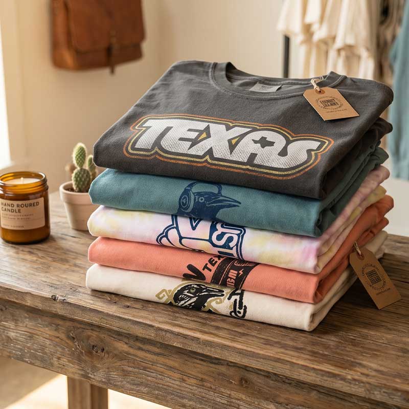 Stack of folded t-shirts with 'TEXAS' design on a wooden surface