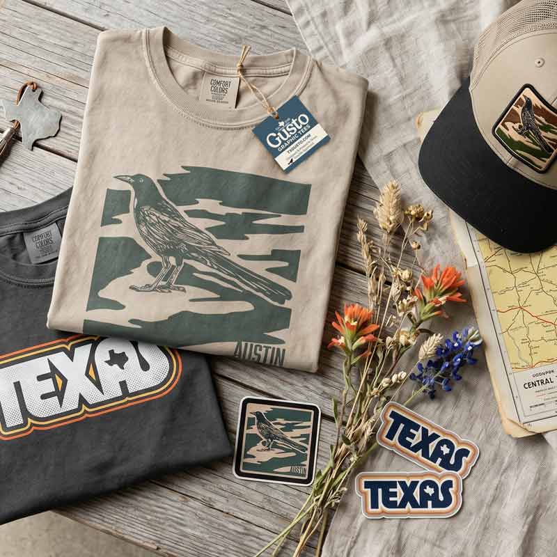 T-shirt with crow design, hat, and 'Texas' stickers on a wooden surface
