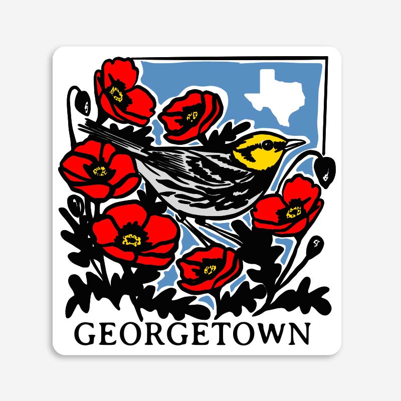 Georgetown Warbler vinyl sticker featuring a golden-cheeked warbler surrounded by red poppies with Georgetown text and Texas-inspired artwork.