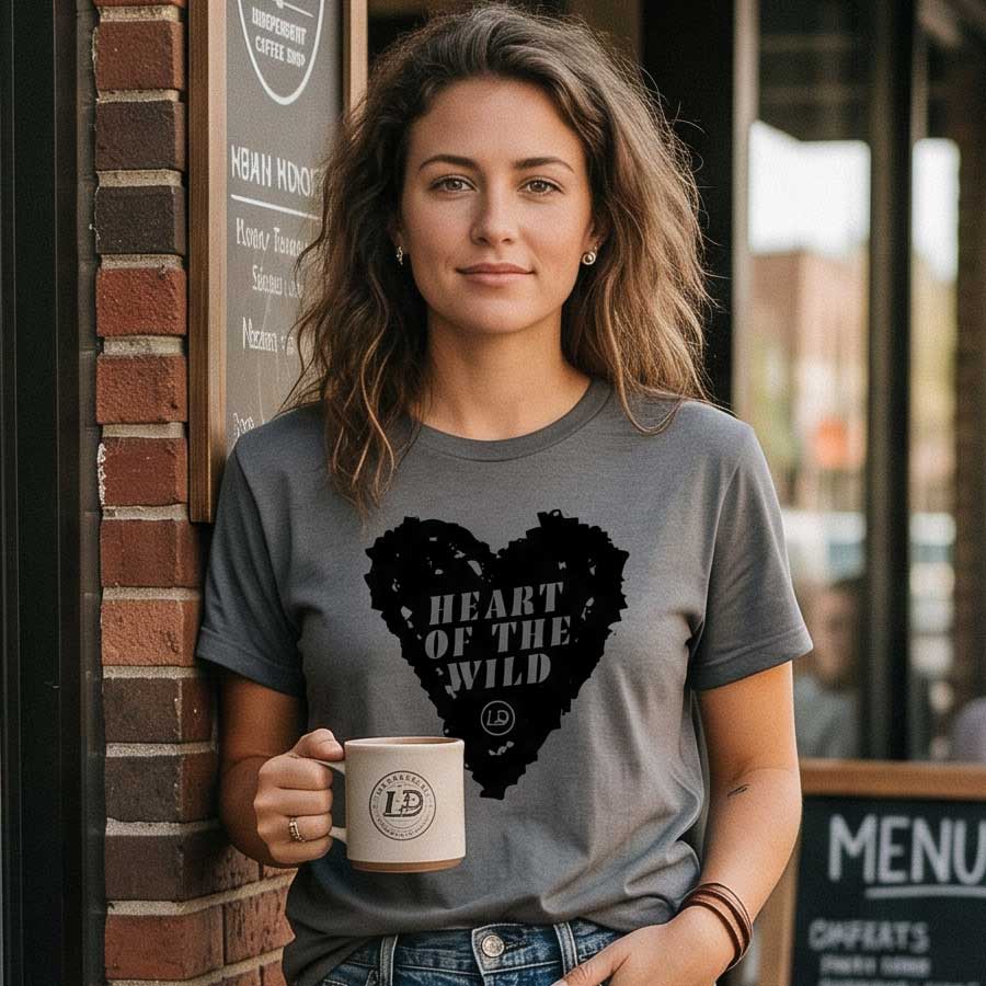 A woman wearing a heather gray t-shirt with a black heart graphic that reads &