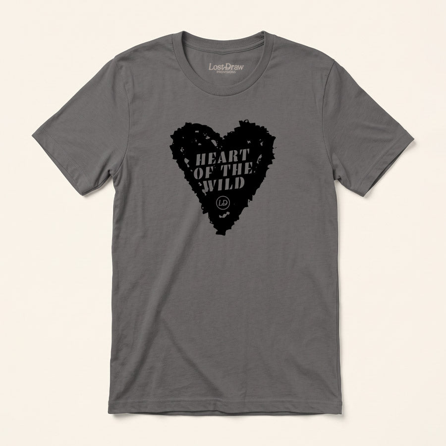 A dark gray crewneck t-shirt by LastDraw, featuring a black heart-shaped graphic on the chest with the text &