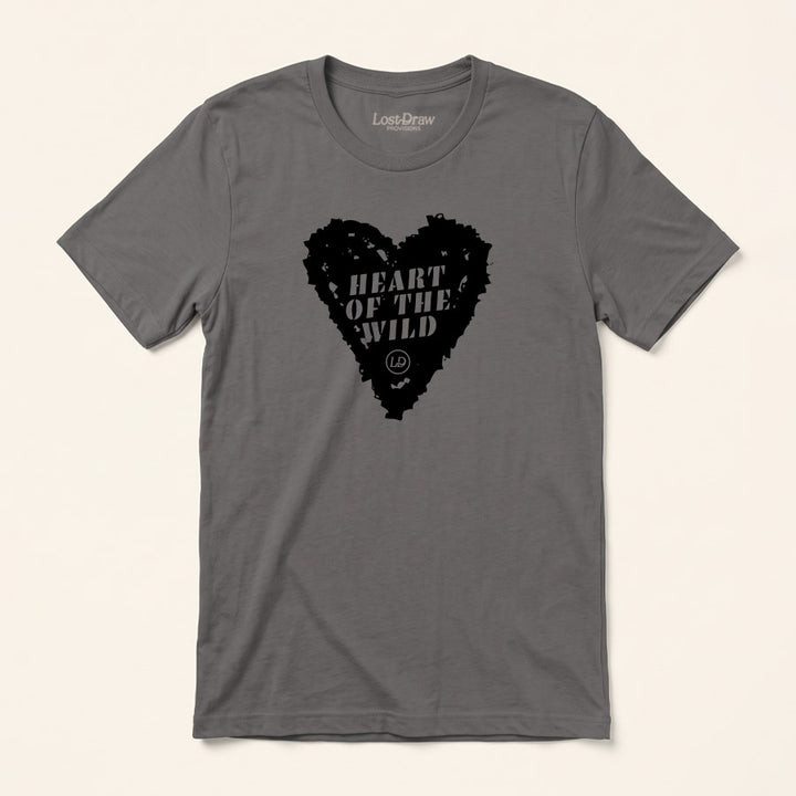 A dark gray crewneck t-shirt by LastDraw, featuring a black heart-shaped graphic on the chest with the text &