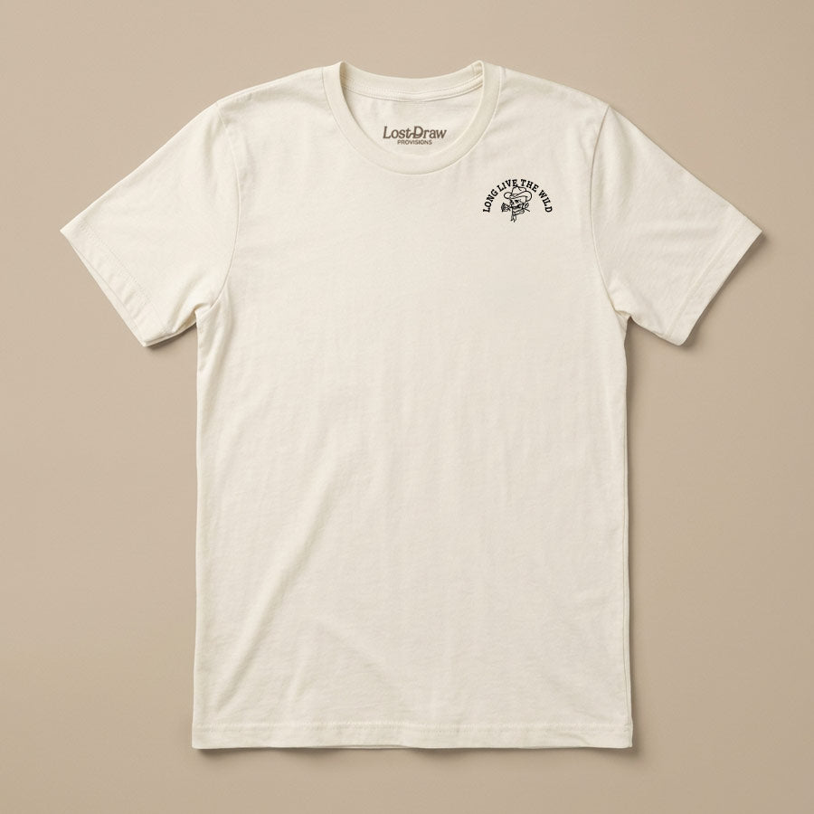 An off-white crewneck t-shirt by Lost Way, featuring a small black graphic on the left chest with a skull and the words &