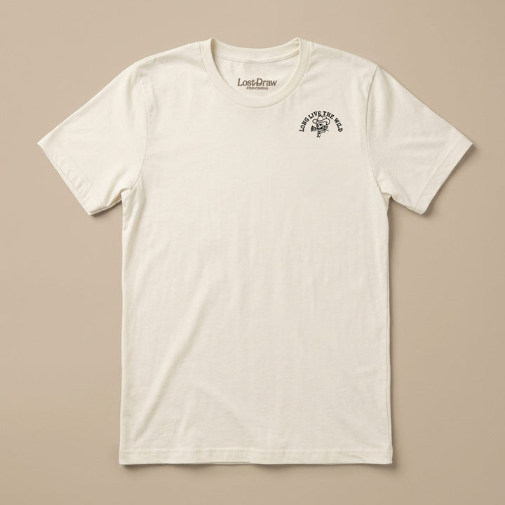 An off-white crewneck t-shirt by Lost Way, featuring a small black graphic on the left chest with a skull and the words &