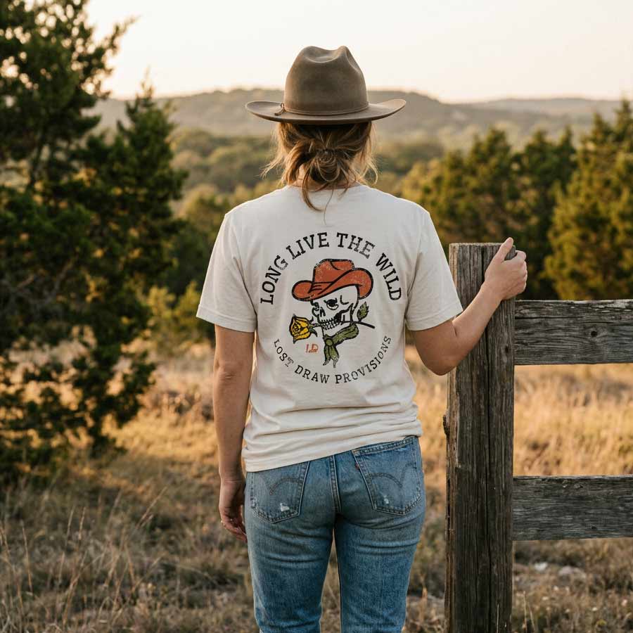 A woman stands outdoors in a grassy field at sunset, viewed from behind, wearing a cream graphic T-shirt with a cowboy skull design and the text 'LONG LIVE THE WILD' and 'LOST DRAW PROVINCE LA', along with blue jeans and a brown hat.