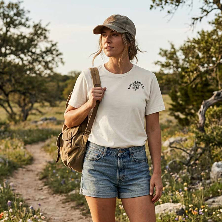 A woman stands on a wooded hiking trail wearing a cream graphic T-shirt, denim shorts, and a khaki cap, with a tan shoulder bag slung over her shoulder.