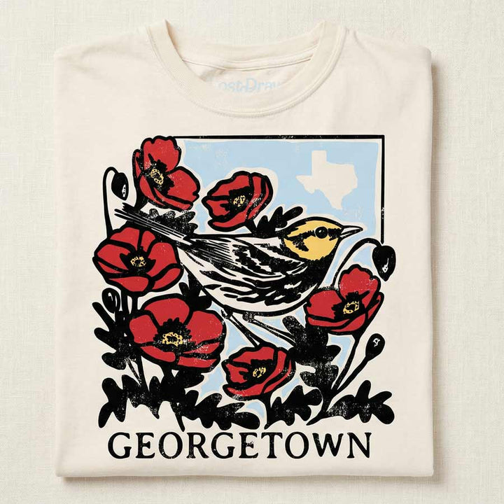 White sweatshirt with a graphic design of a bird and red flowers, featuring 'Georgetown' text.