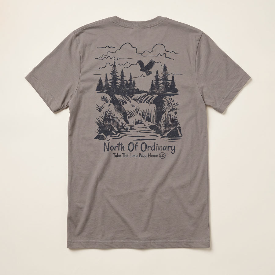 Back of the Pebble Brown North of Ordinary Tee featuring a distressed waterfall and forest graphic with Take the Long Way Home lettering.