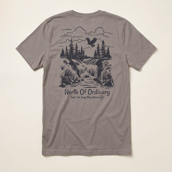 Back of the Pebble Brown North of Ordinary Tee featuring a distressed waterfall and forest graphic with Take the Long Way Home lettering.
