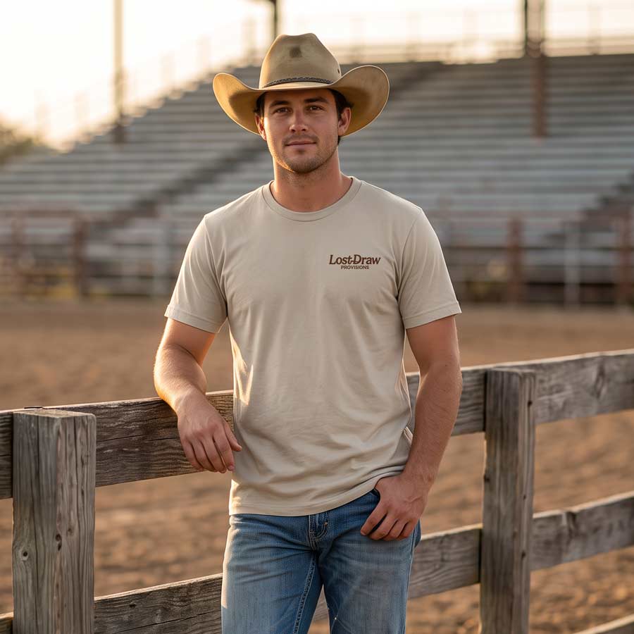 A man wearing a beige cowboy hat and a beige short-sleeve t-shirt with a &