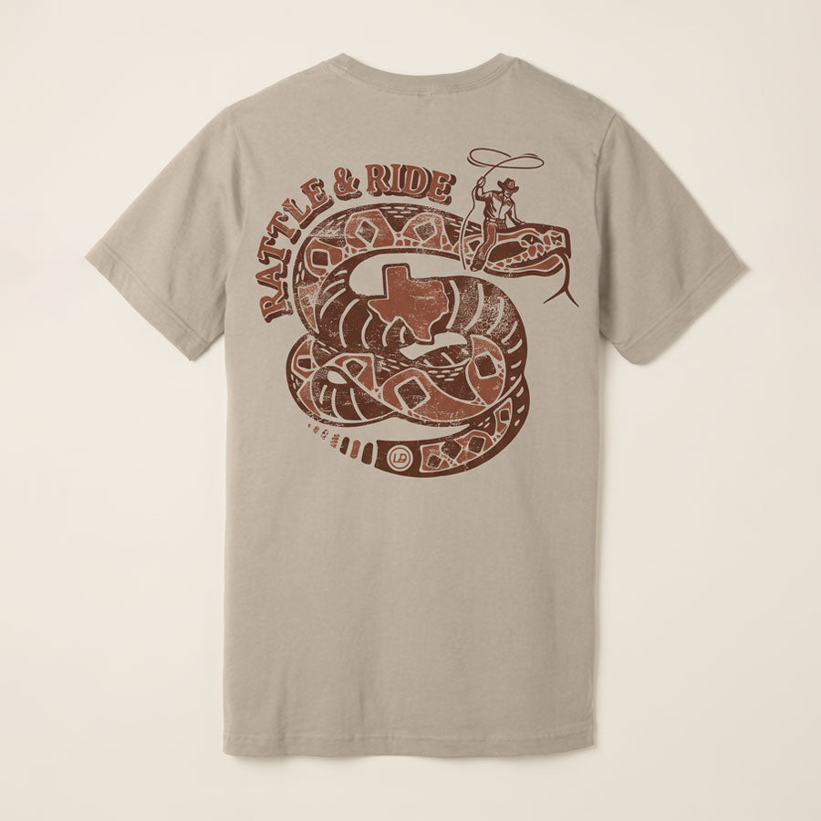 Back of the Tan Rattle &amp; Ride Tee featuring a vintage rust-brown rattlesnake, cowboy with lasso, and Texas graphic.