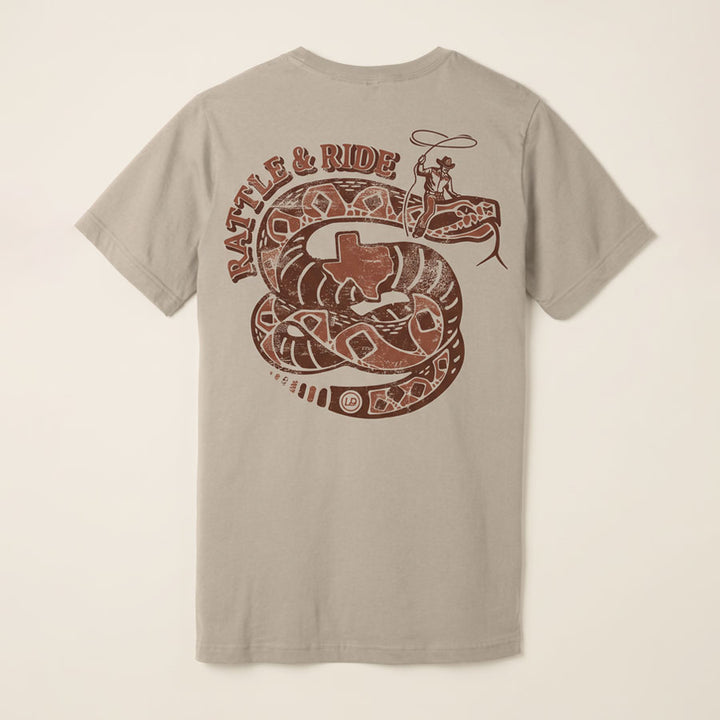 Back of the Tan Rattle &amp; Ride Tee featuring a vintage rust-brown rattlesnake, cowboy with lasso, and Texas graphic.