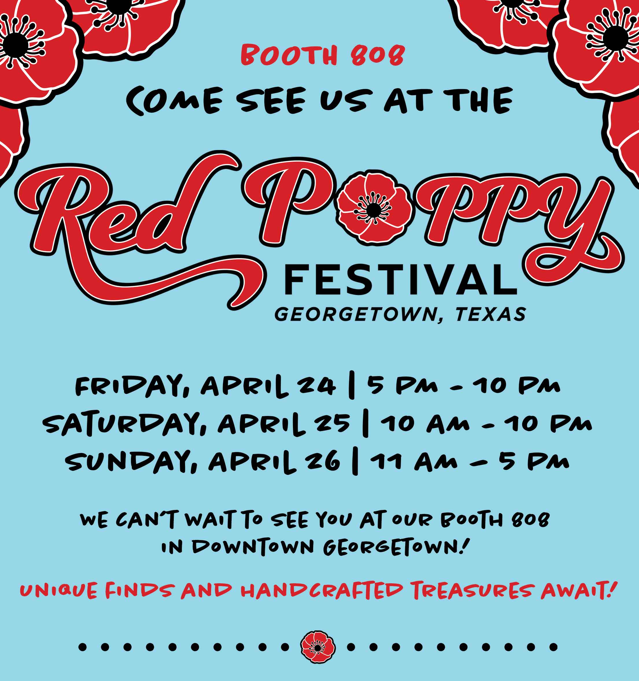 Advertisement for Red Poppy Festival in Georgetown, Texas with red poppy graphics and event details.
