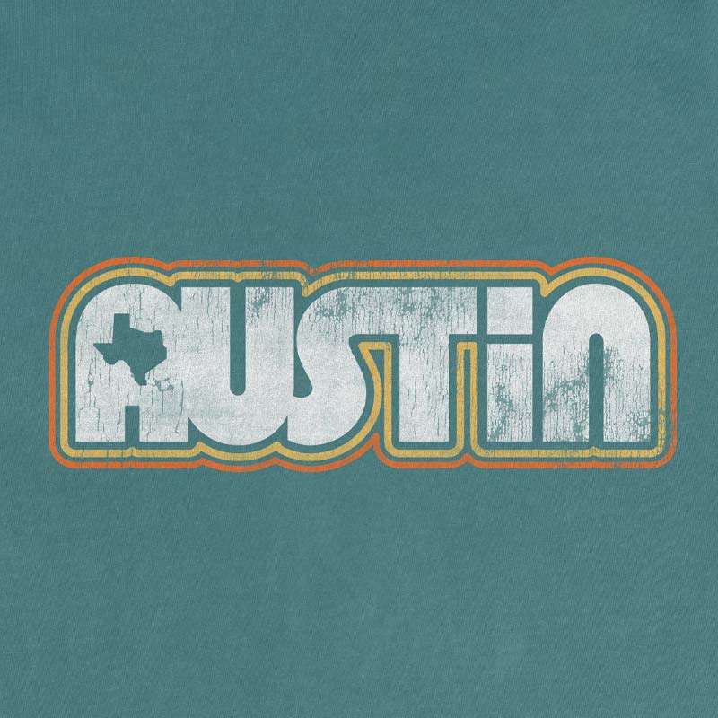 Close up of Retro Austin vintage graphic printed on Emerald Comfort Colors 1717 garment-dyed t-shirt