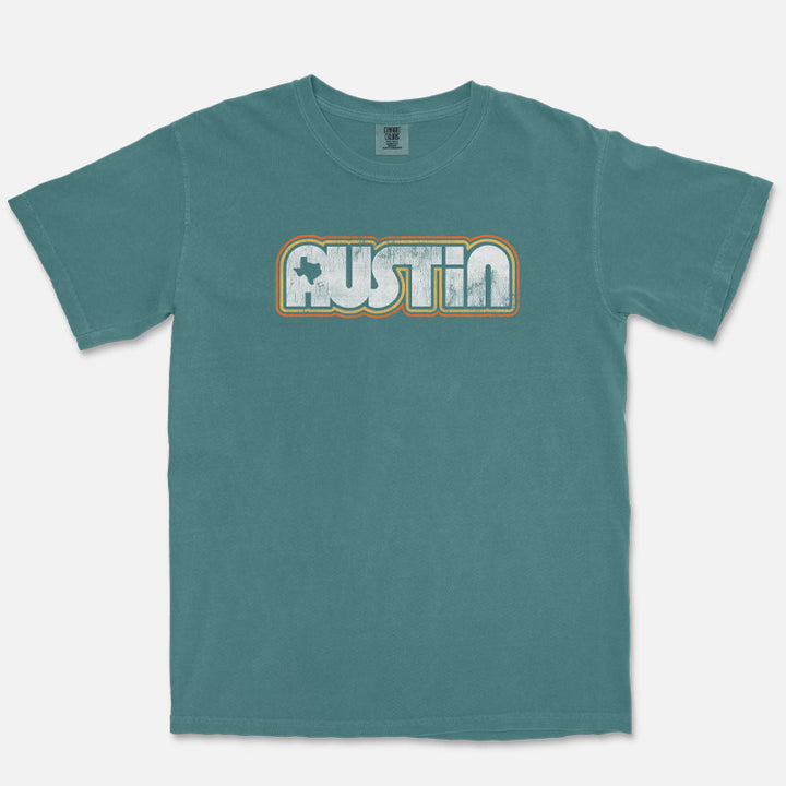 Retro Austin vintage graphic printed on Emerald Comfort Colors 1717 garment-dyed t-shirt
