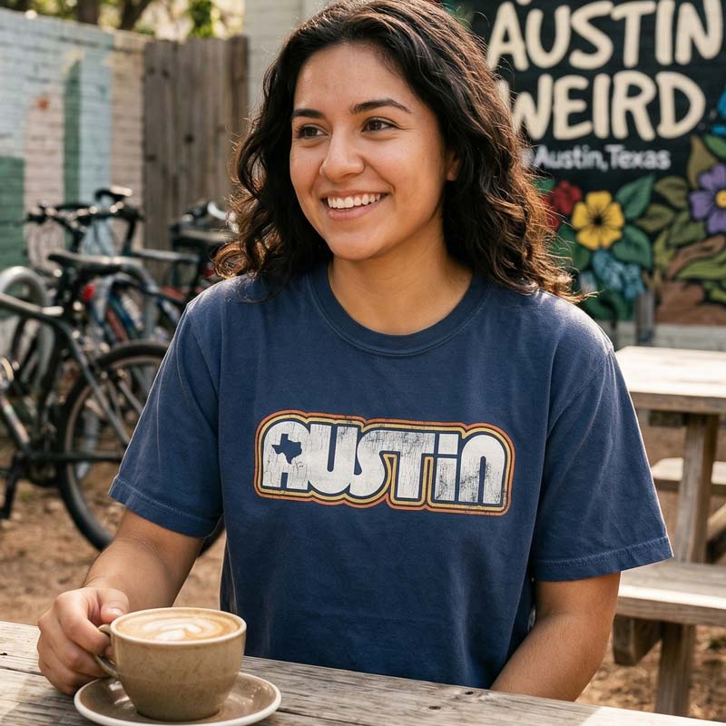 Woman wearing a blue 'Retro Austin' t-shirt sitting outdoors with a coffee cup.