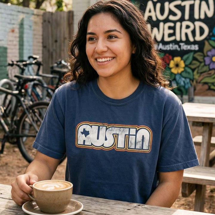 Woman wearing a blue 'Retro Austin' t-shirt sitting outdoors with a coffee cup.