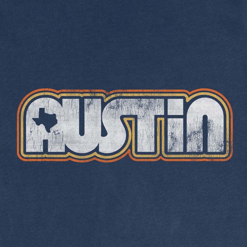 Close up of Retro Austin vintage graphic printed on Navy Comfort Colors 1717 garment-dyed t-shirt

