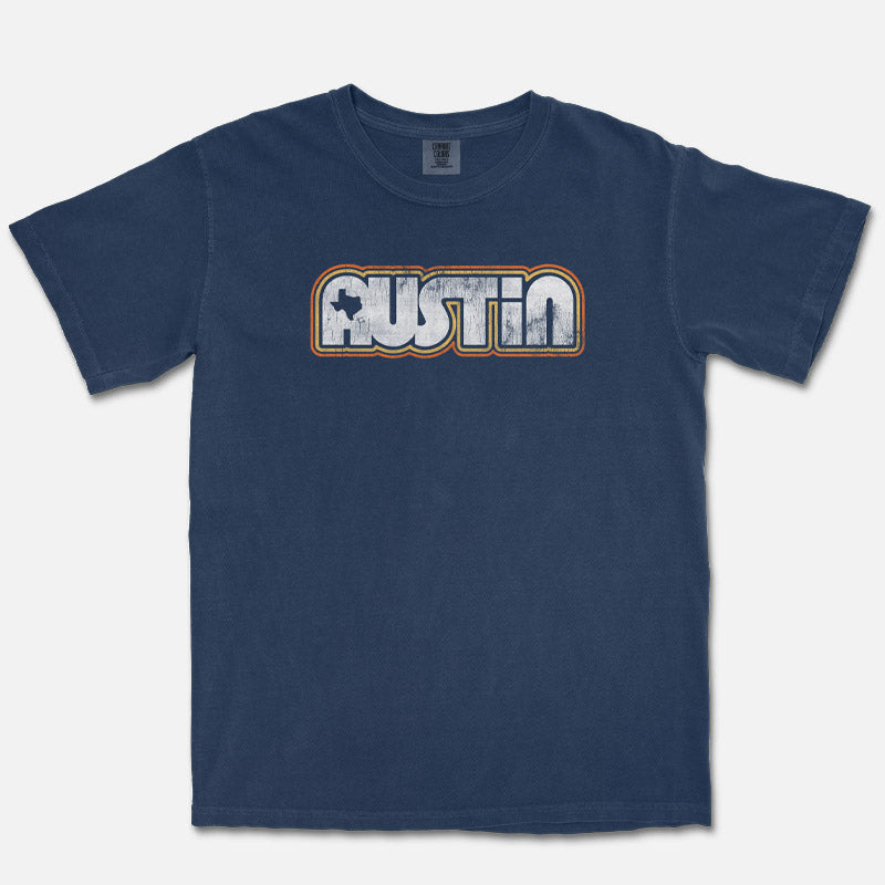 Retro Austin vintage graphic printed on Navy Comfort Colors 1717 garment-dyed t-shirt
