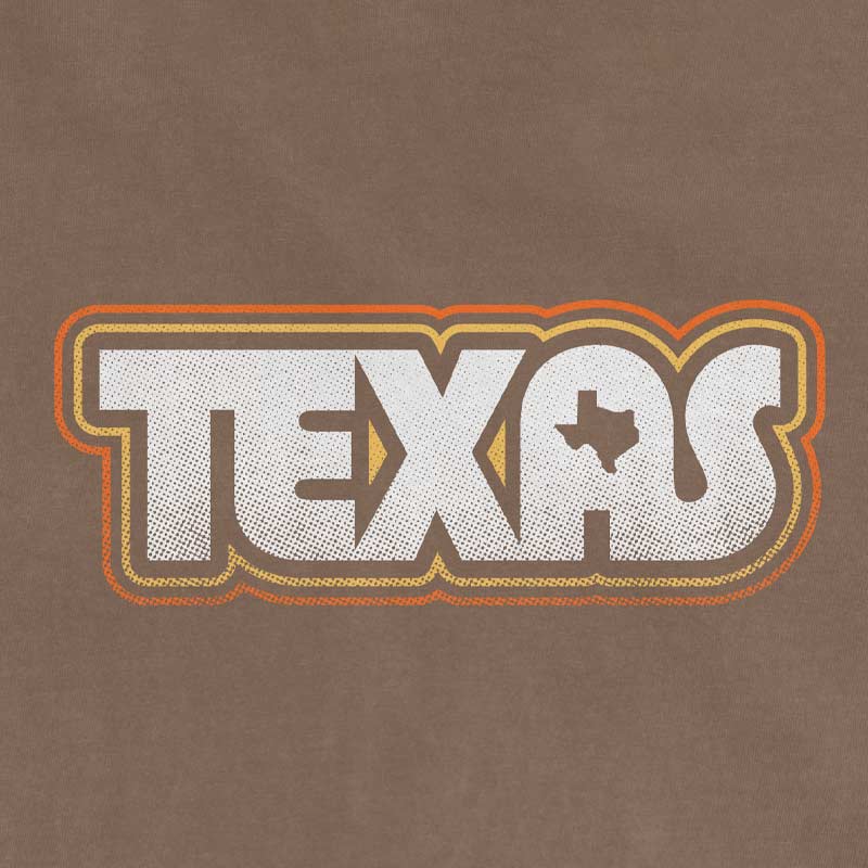 Close up of Retro Texas graphic printed on Comfort Colors 1717 Espresso vintage garment-dyed t-shirt