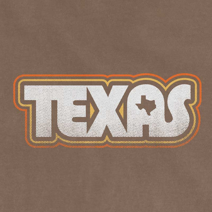 Close up of Retro Texas graphic printed on Comfort Colors 1717 Espresso vintage garment-dyed t-shirt