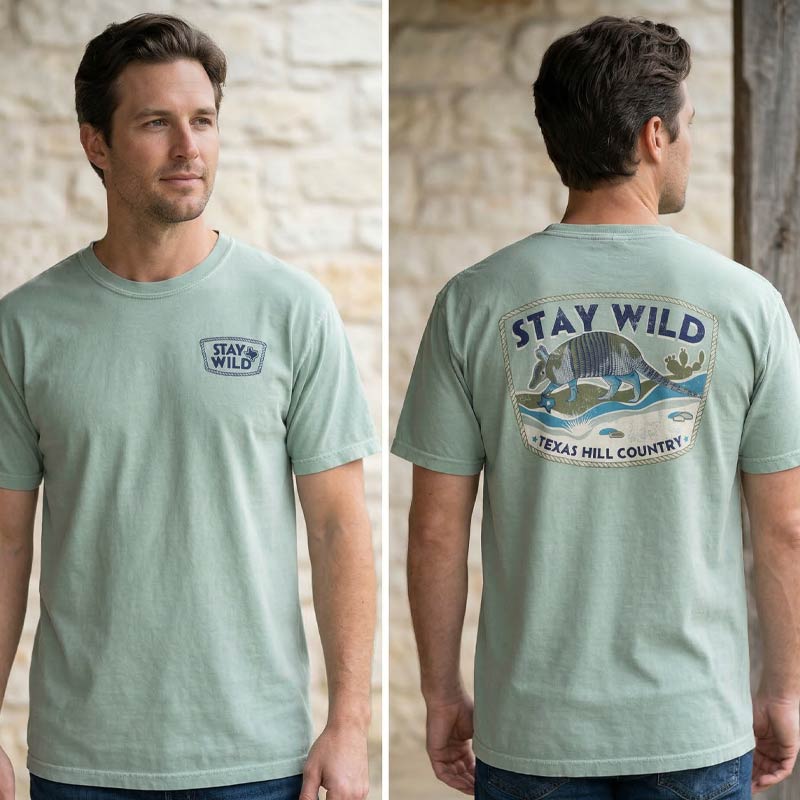 Front and back view of Stay Wild Texas Hill Country armadillo t-shirt printed on Comfort Colors 1717 Bay tee