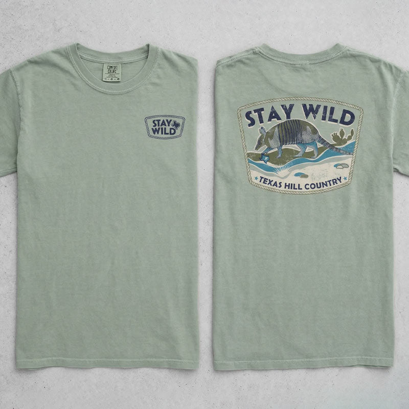 Front and back view of Stay Wild Texas Hill Country armadillo t-shirt printed on Comfort Colors 1717 Bay tee