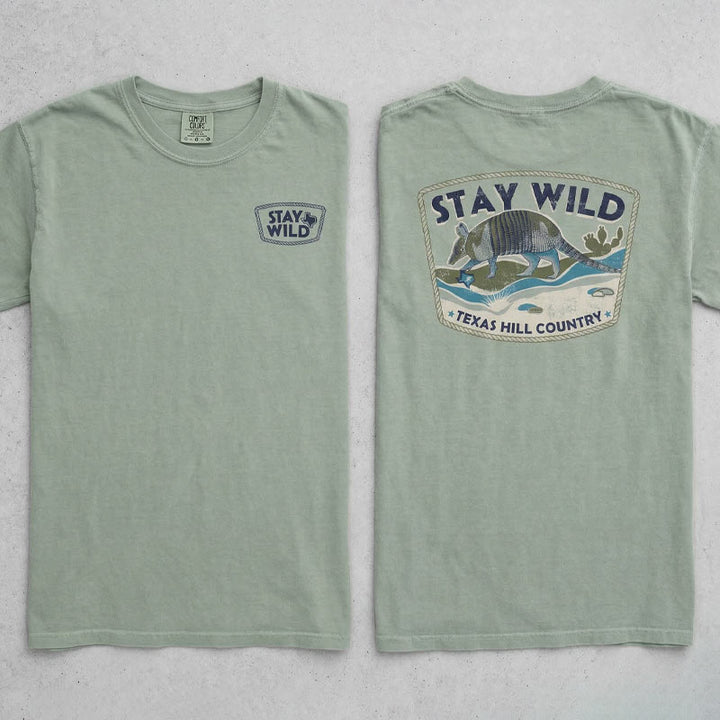Front and back view of Stay Wild Texas Hill Country armadillo t-shirt printed on Comfort Colors 1717 Bay tee