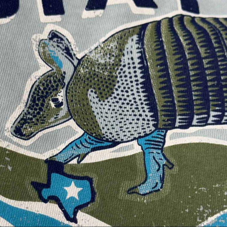 Details of Stay Wild Texas Hill Country armadillo graphic printed on the back of a Comfort Colors 1717 Bay t-shirt