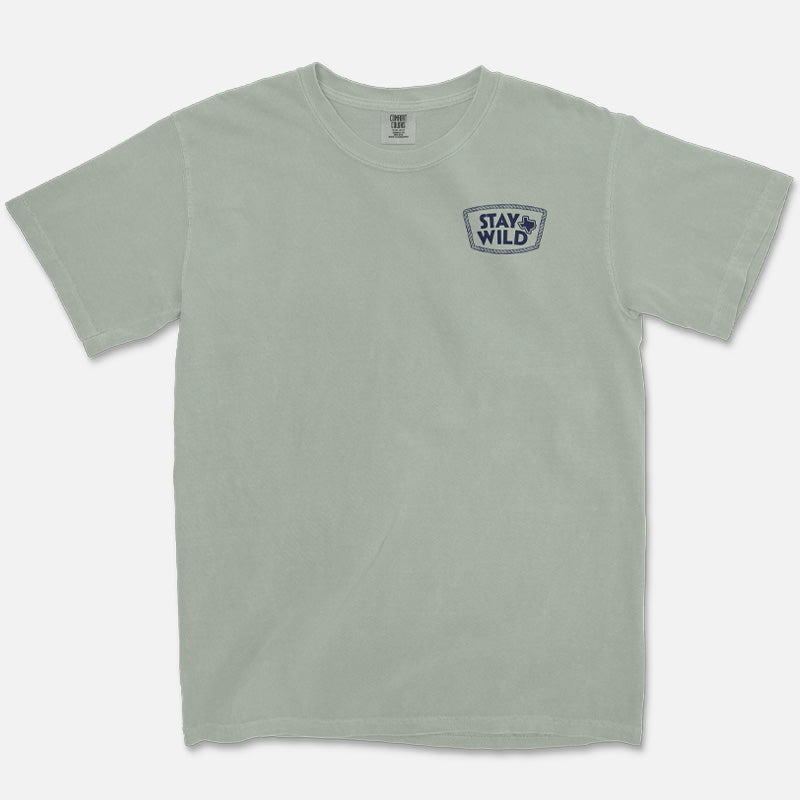 Stay Wild Texas pocket graphic with rope border printed on Comfort Colors 1717 Bay t-shirt
