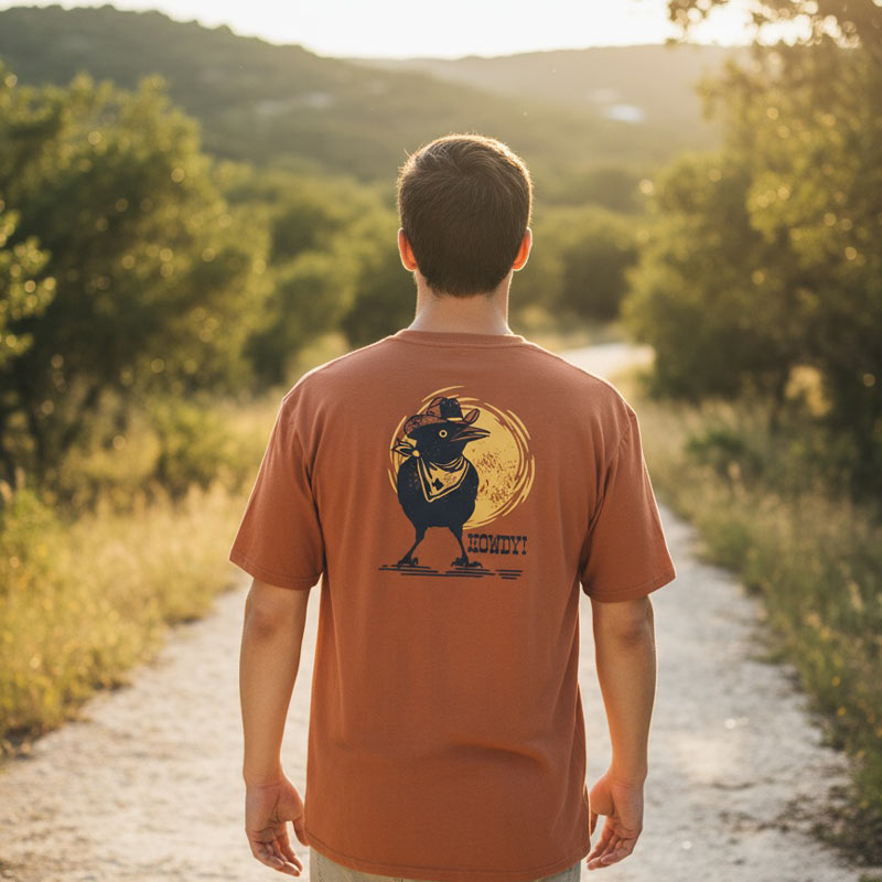 Person wearing an orange t-shirt with a graphic design walking on a dirt path in a natural setting.