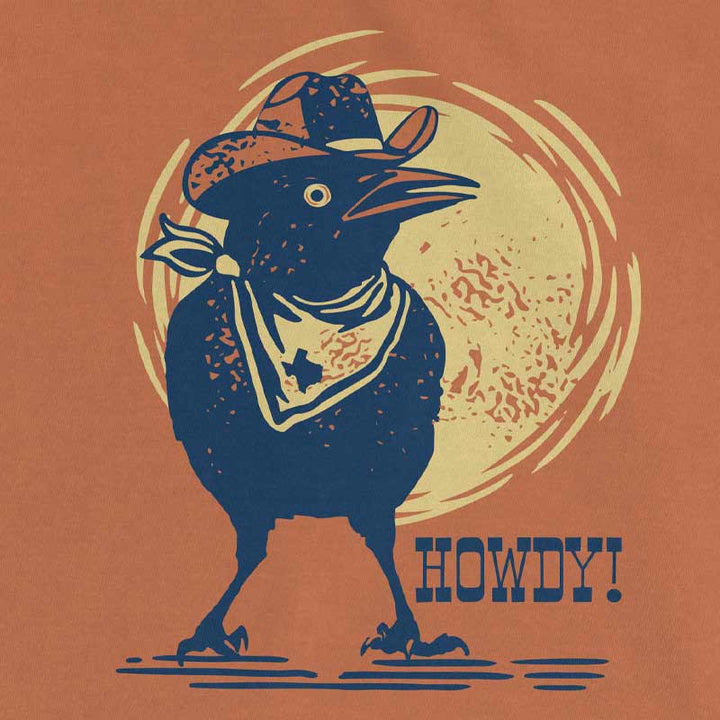 Illustration of a crow wearing a cowboy hat and bandana with 'HOWDY!' text on an orange background