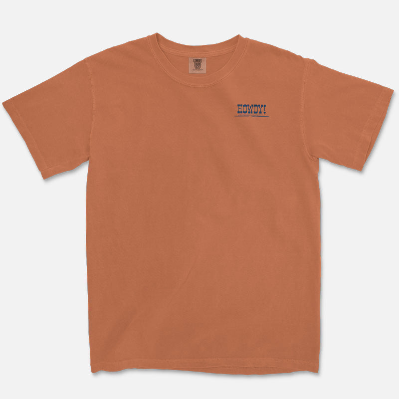 Orange t-shirt with a small logo on the chest against a white background