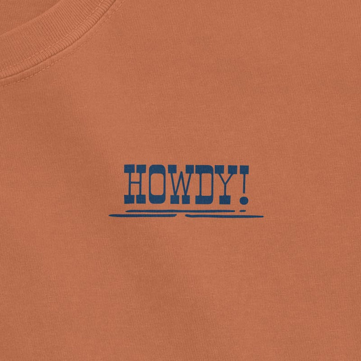 yam comfort colors tshirt with 'HOWDY!' text in blue on a plain background
